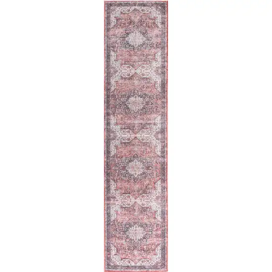 8' Red Floral Power Loom Worn Faded Non Skid Runner Rug Photo 6