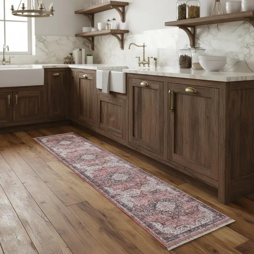 8' Red Floral Power Loom Worn Faded Non Skid Runner Rug Photo 1