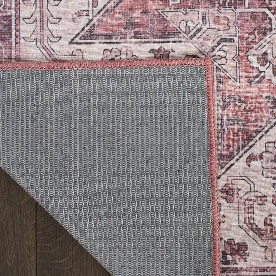 8' Red Floral Power Loom Worn Faded Non Skid Runner Rug Photo 9