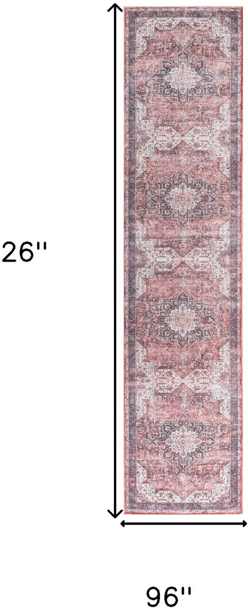 8' Red Floral Power Loom Worn Faded Non Skid Runner Rug Photo 3