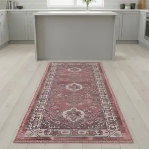 Photo of 8' Red Floral Power Loom Worn Faded Non Skid Runner Rug