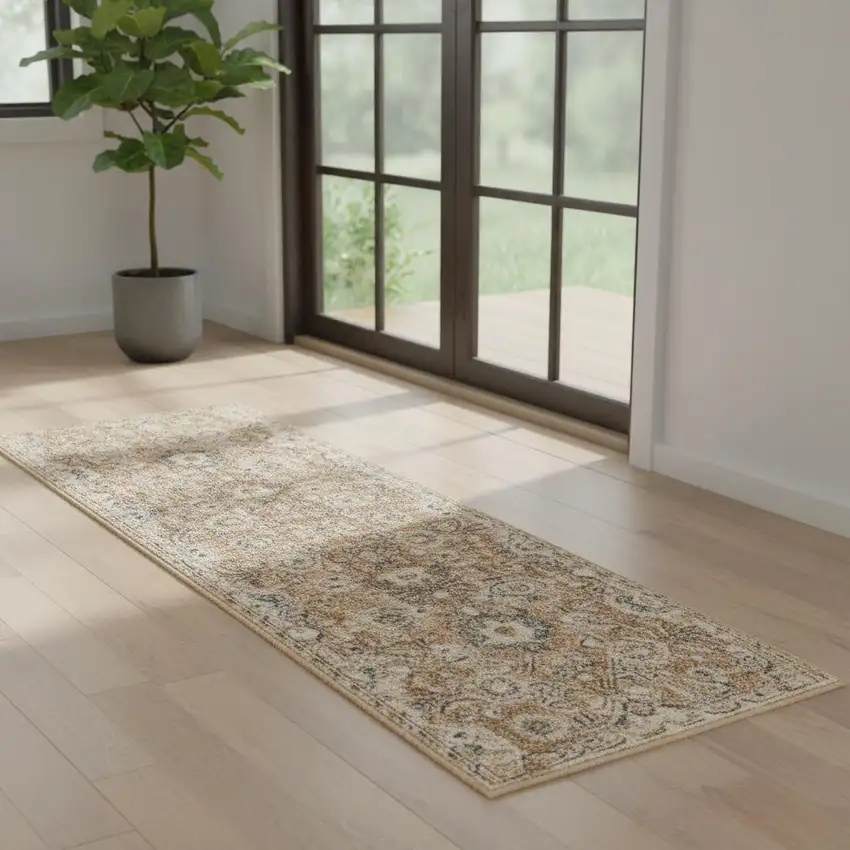 6' Red Floral Worn Faded Runner Rug Photo 1