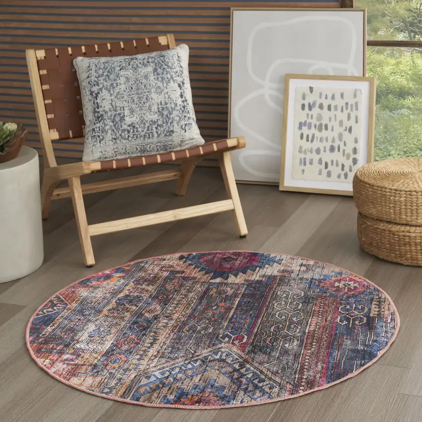 4' Red Geometric Power Loom Worn Faded Round Rug Photo 5