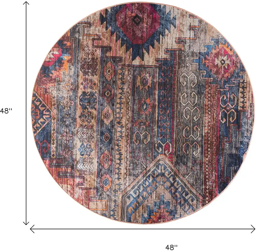 4' Red Geometric Power Loom Worn Faded Round Rug Photo 3