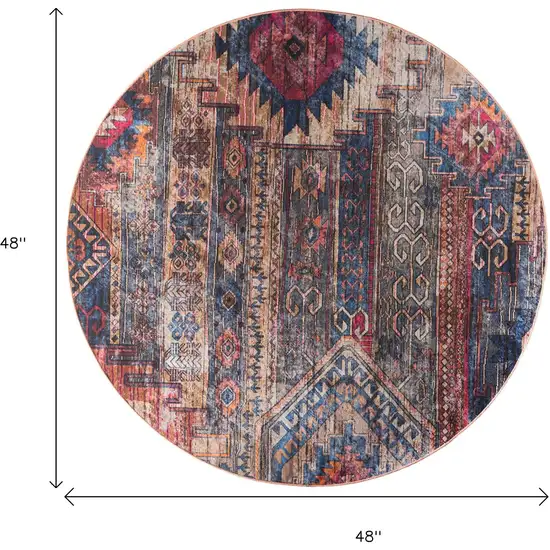 4' Red Geometric Power Loom Worn Faded Round Rug Photo 3