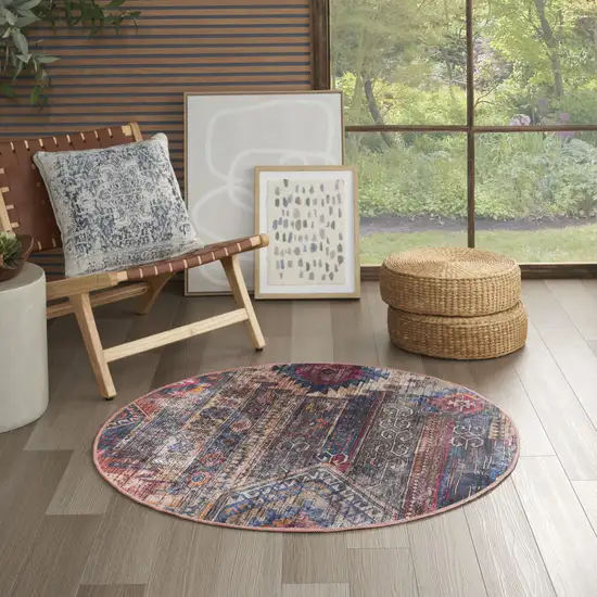 4' Red Geometric Power Loom Worn Faded Round Rug Photo 6