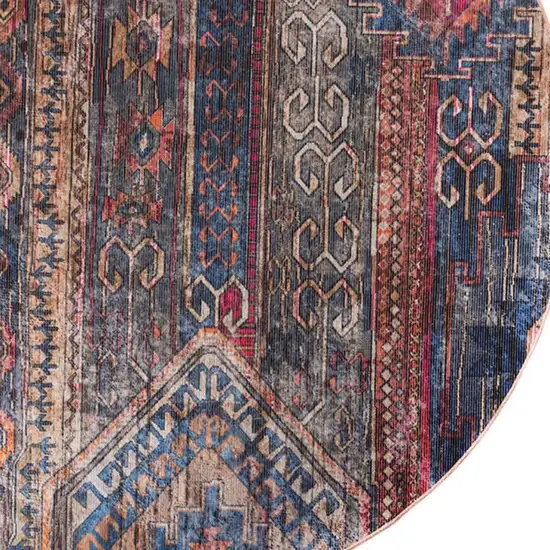 4' Red Geometric Power Loom Worn Faded Round Rug Photo 3