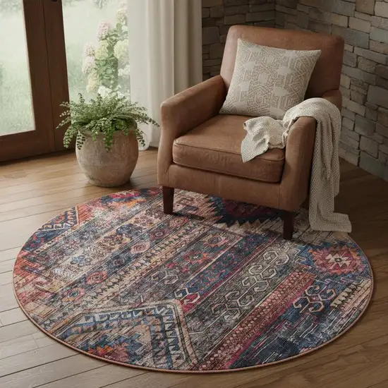 5' Red Geometric Power Loom Worn Faded Round Rug Photo 1