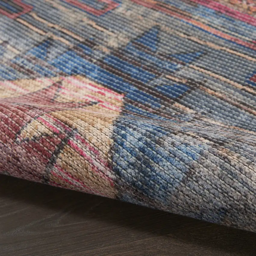 5' Red Geometric Power Loom Worn Faded Round Rug Photo 7