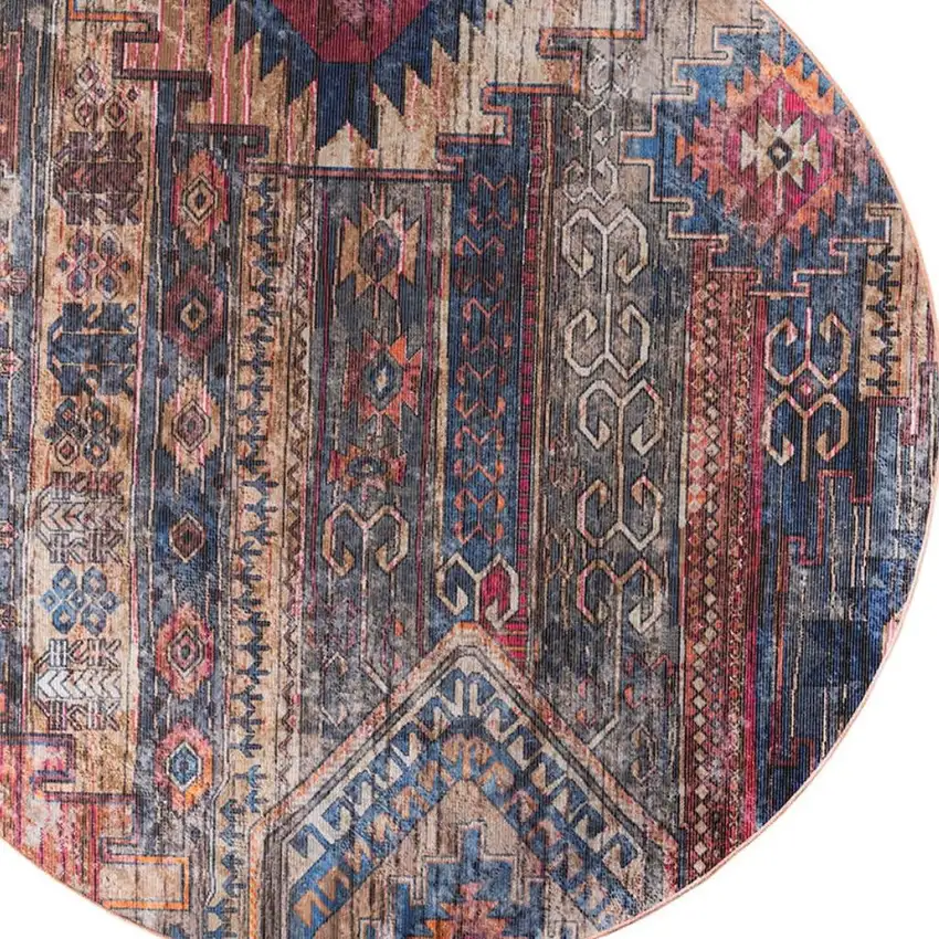 5' Red Geometric Power Loom Worn Faded Round Rug Photo 3