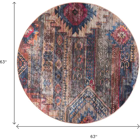 5' Red Geometric Power Loom Worn Faded Round Rug Photo 3