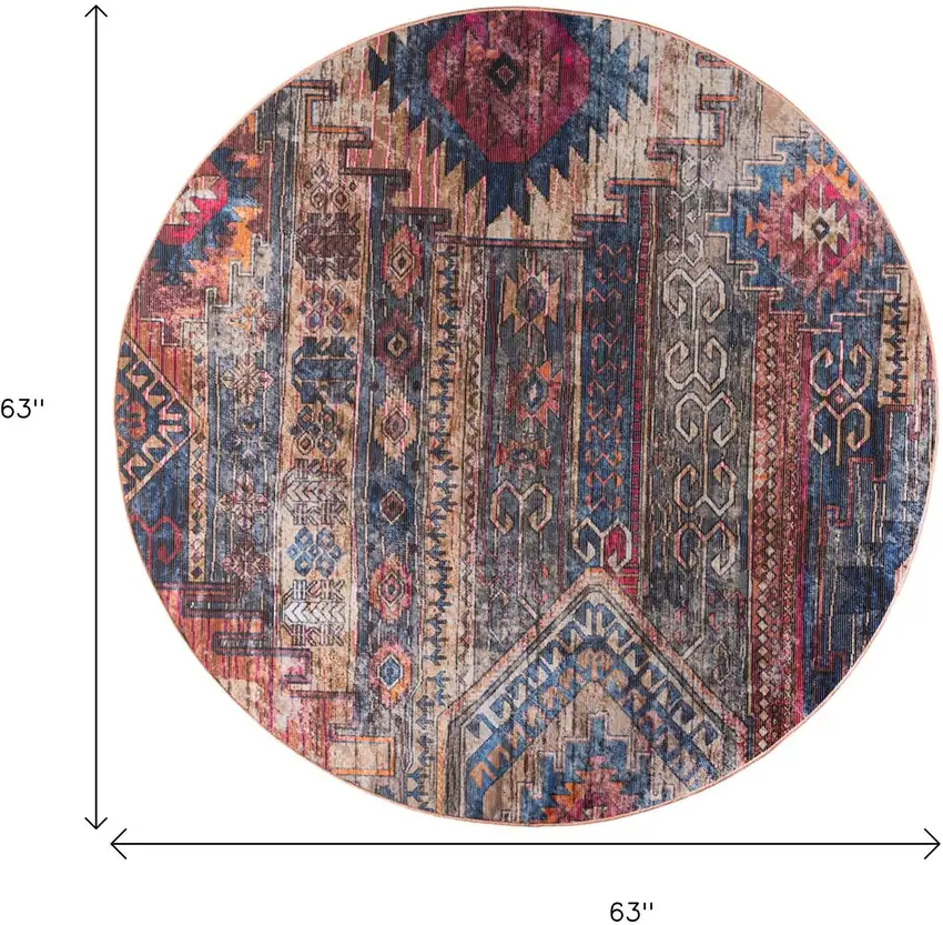 5' Red Geometric Power Loom Worn Faded Round Rug Photo 3