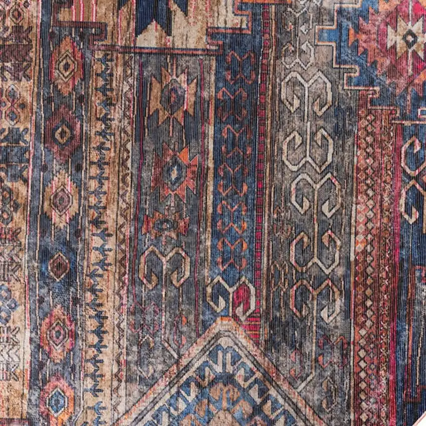 5' Red Geometric Power Loom Worn Faded Round Rug Photo 2