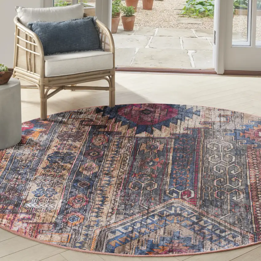 8' Red Geometric Power Loom Worn Faded Round Rug Photo 6