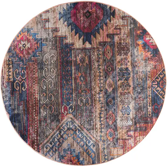 8' Red Geometric Power Loom Worn Faded Round Rug Photo 4