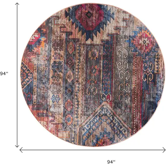 8' Red Geometric Power Loom Worn Faded Round Rug Photo 3