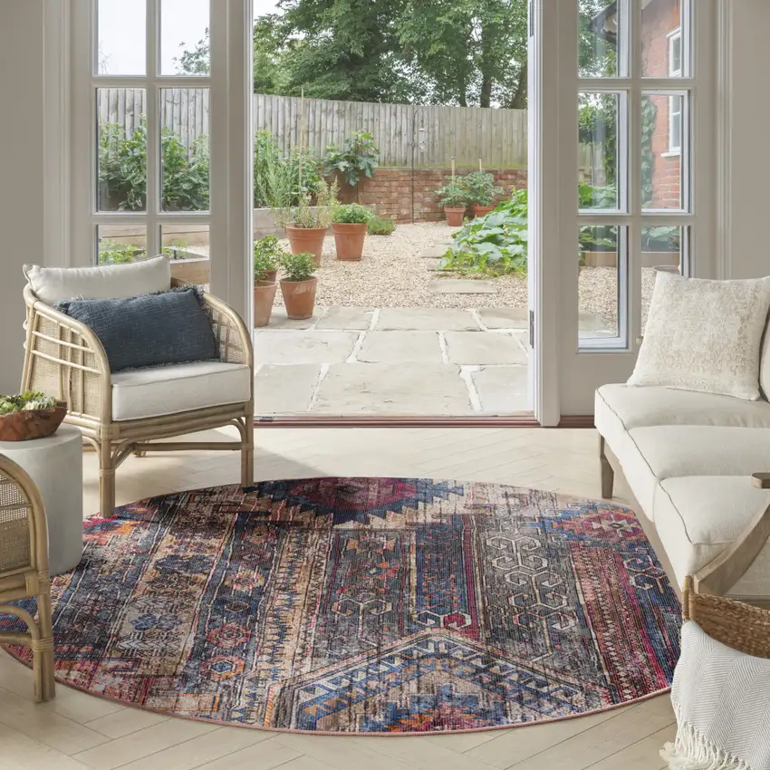 8' Red Geometric Power Loom Worn Faded Round Rug Photo 5