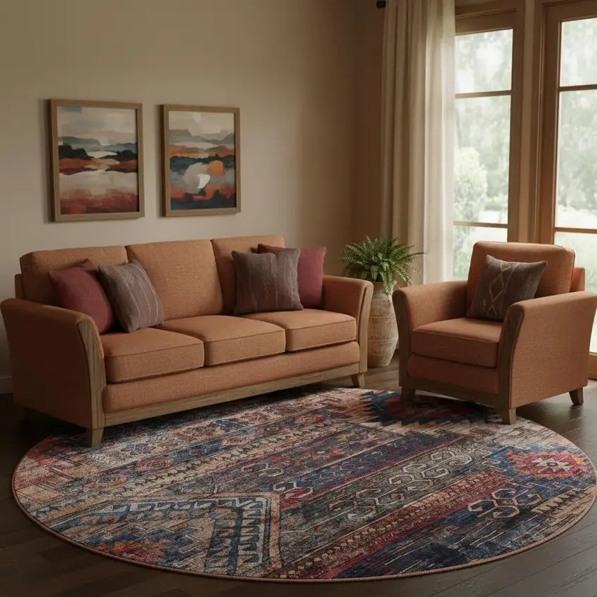 8' Red Geometric Power Loom Worn Faded Round Rug Photo 1