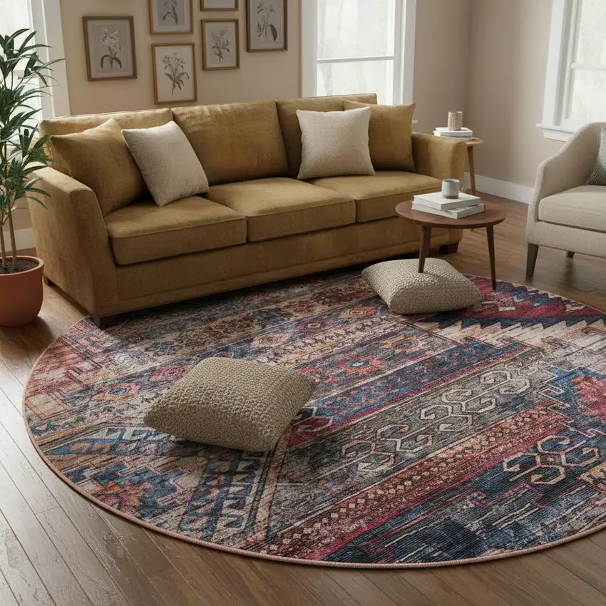 8' Red Geometric Power Loom Worn Faded Round Rug Photo 1