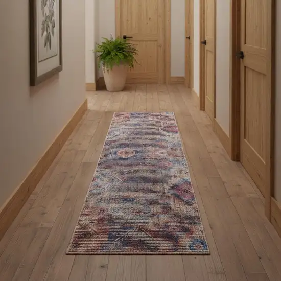 12' Red Geometric Power Loom Worn Faded Runner Rug Photo 1