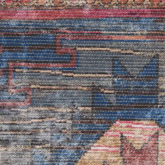 12' Red Geometric Power Loom Worn Faded Runner Rug Photo 8