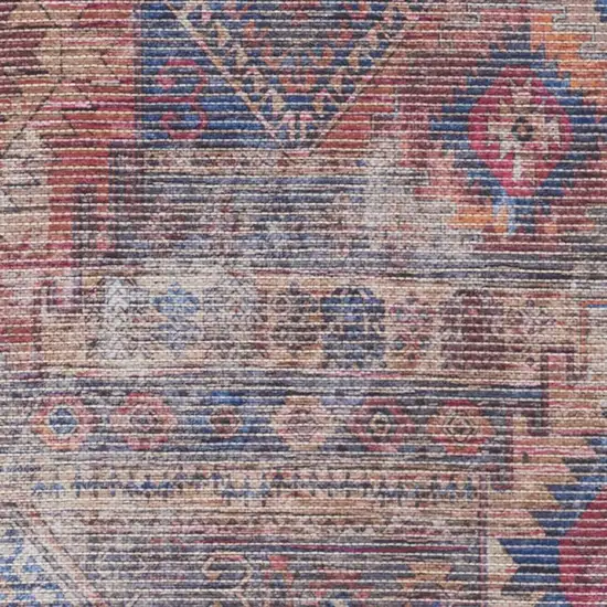 12' Red Geometric Power Loom Worn Faded Runner Rug Photo 3