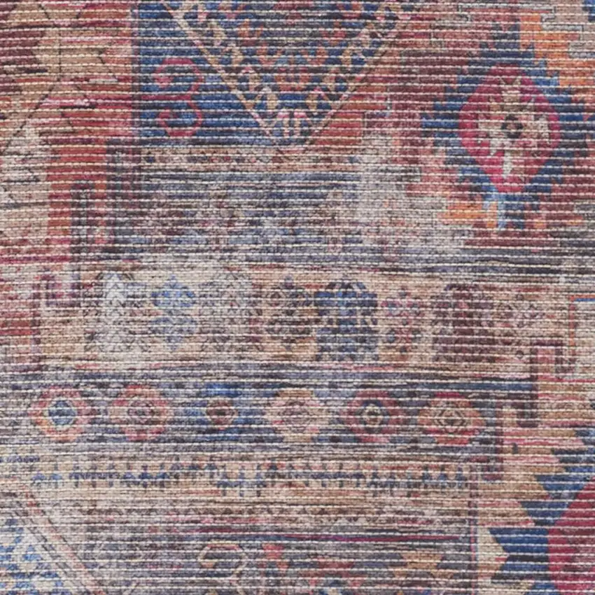 12' Red Geometric Power Loom Worn Faded Runner Rug Photo 3