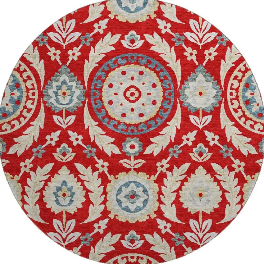 8' Red Gold And Blue Floral Washable Round Rug With UV Protection Photo 3