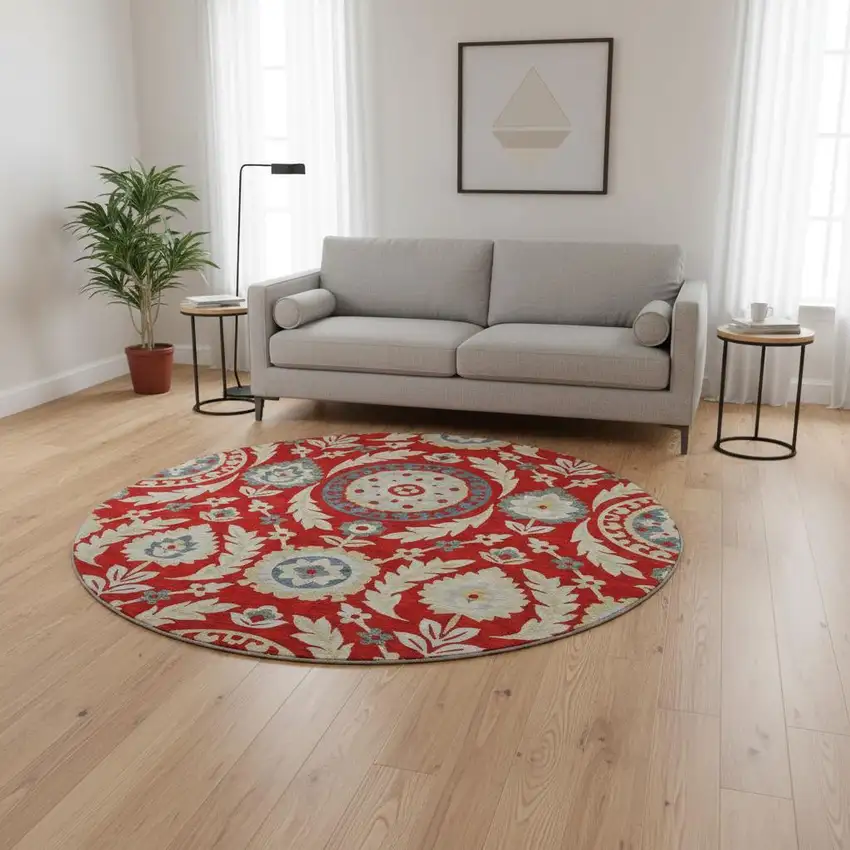 8' Red Gold And Blue Floral Washable Round Rug With UV Protection Photo 2