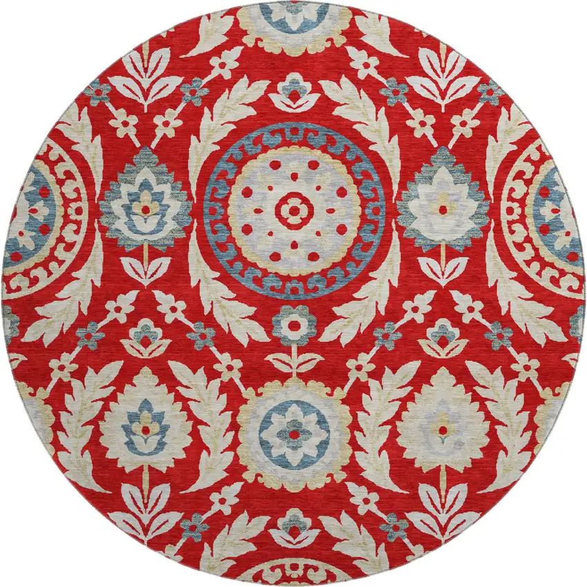 8' Red Gold And Blue Floral Washable Round Rug With UV Protection Photo 1