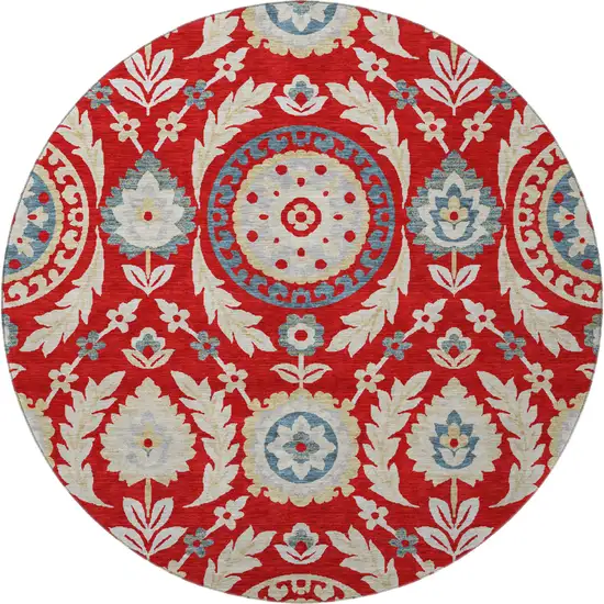 8' Red Gold And Blue Floral Washable Round Rug With UV Protection Photo 4