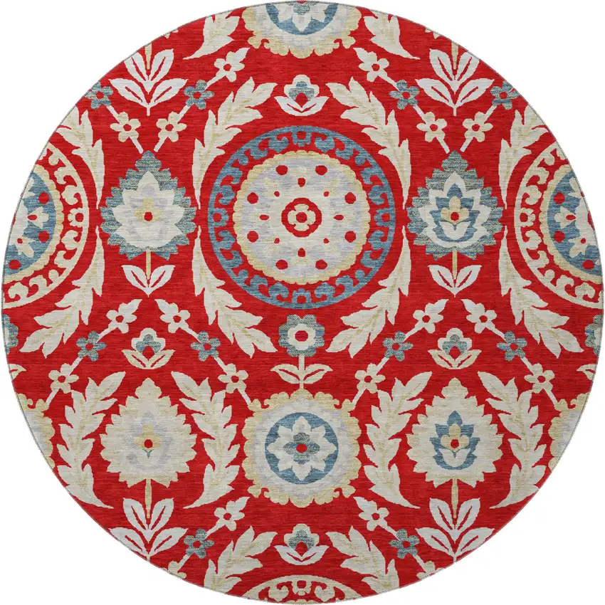 8' Red Gold And Blue Floral Washable Round Rug With UV Protection Photo 4