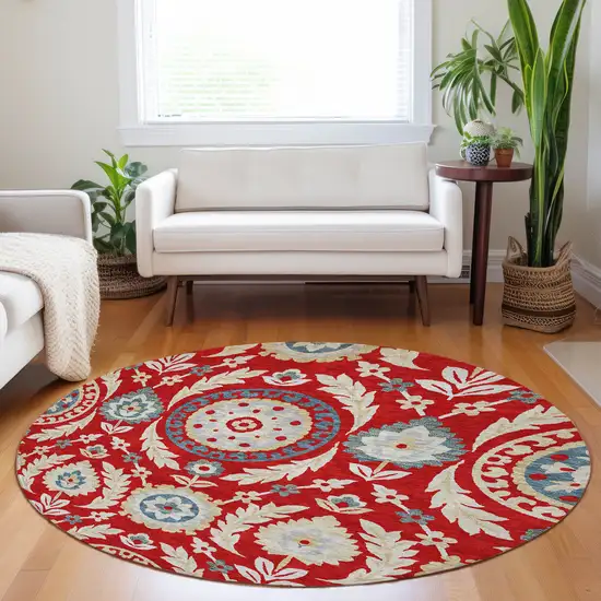 8' Red Gold And Blue Floral Washable Round Rug With UV Protection Photo 5