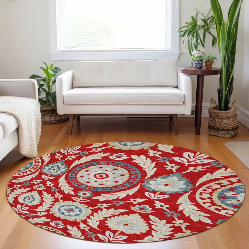 8' Red Gold And Blue Floral Washable Round Rug With UV Protection Photo 5