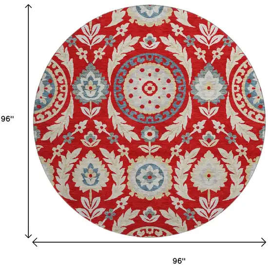 8' Red Gold And Blue Floral Washable Round Rug With UV Protection Photo 3