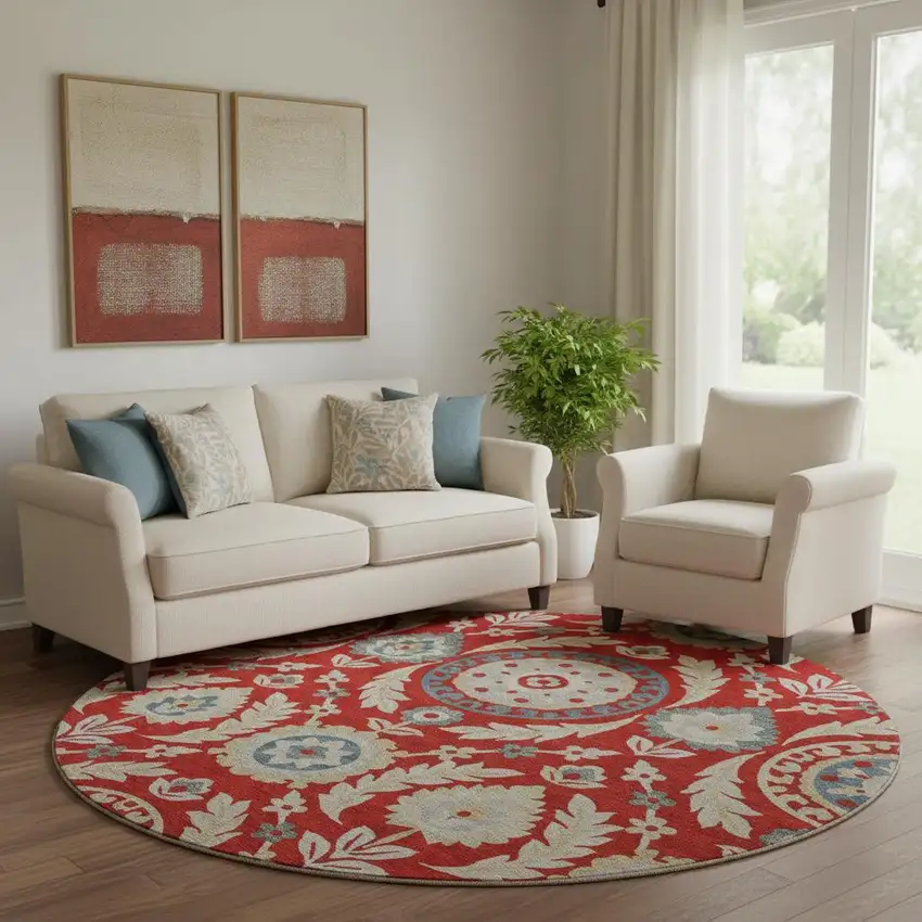 8' Red Gold And Blue Floral Washable Round Rug With UV Protection Photo 1