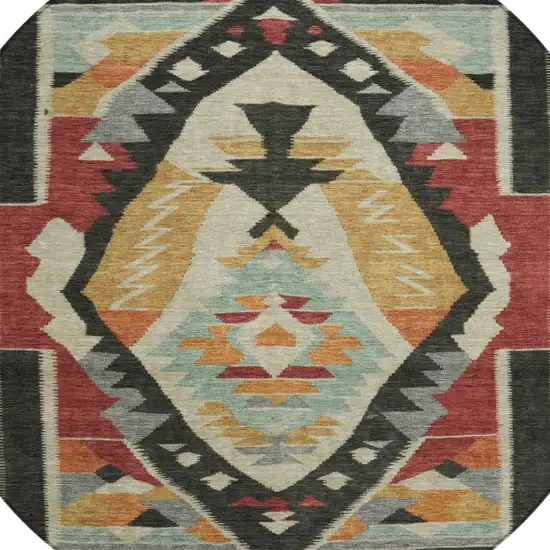 8' Red Gold And Gray Round Tribal Washable Indoor Outdoor Area Rug Photo 7