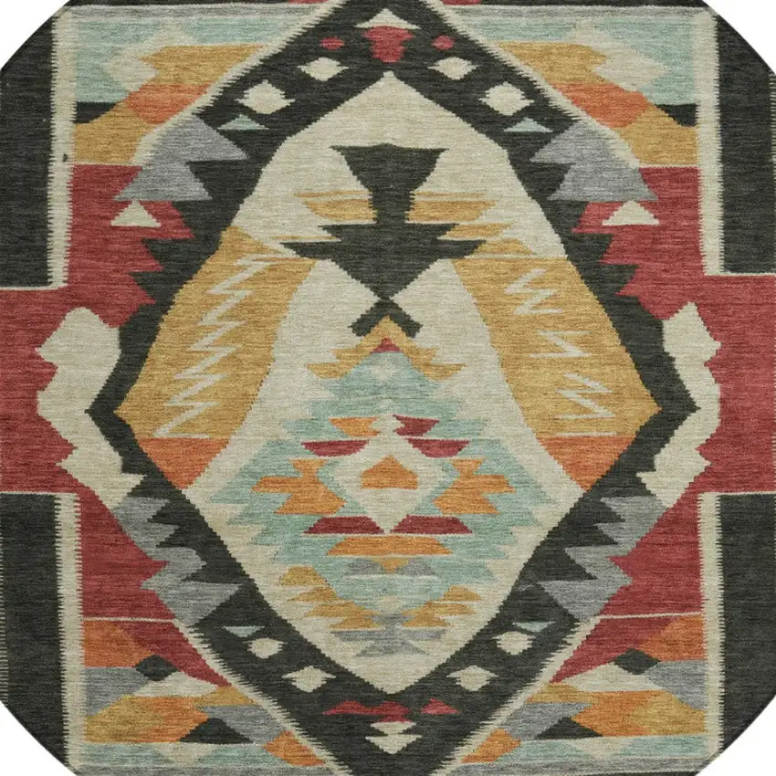 8' Red Gold And Gray Round Tribal Washable Indoor Outdoor Area Rug Photo 7