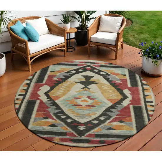 8' Red Gold And Gray Round Tribal Washable Indoor Outdoor Area Rug Photo 2