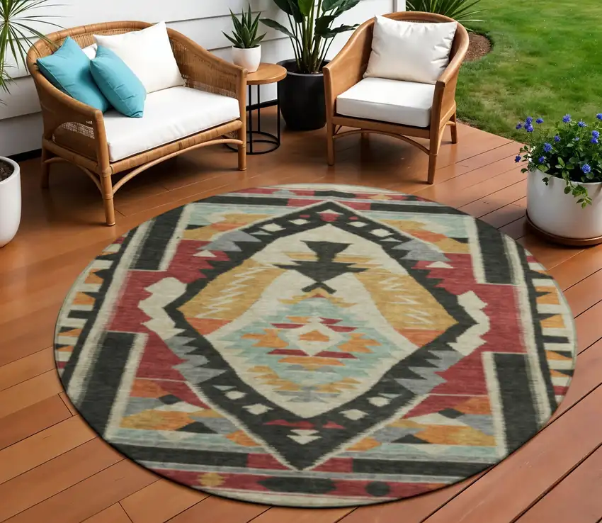 8' Red Gold And Gray Round Tribal Washable Indoor Outdoor Area Rug Photo 2