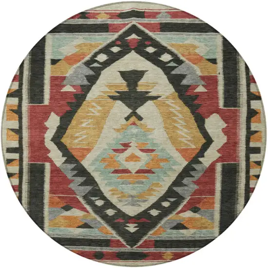 8' Red Gold And Gray Round Tribal Washable Indoor Outdoor Area Rug Photo 3