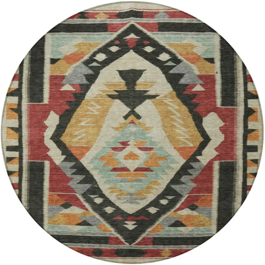 8' Red Gold And Gray Round Tribal Washable Indoor Outdoor Area Rug Photo 3