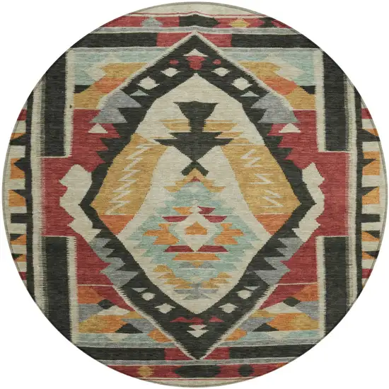 8' Red Gold And Gray Round Tribal Washable Indoor Outdoor Area Rug Photo 1