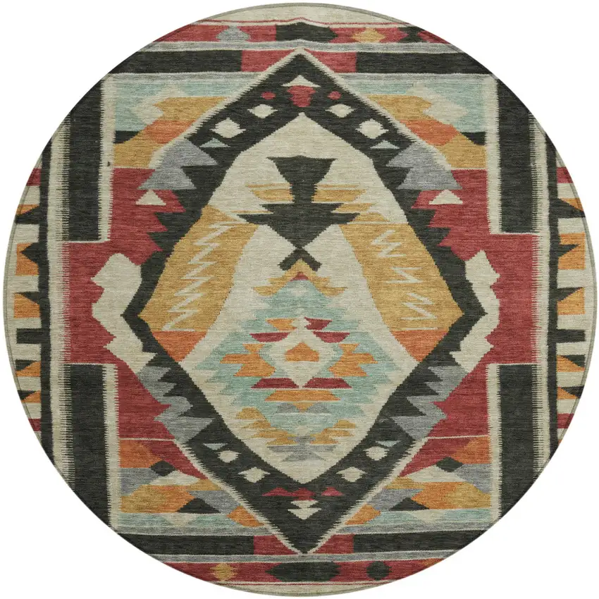 8' Red Gold And Gray Round Tribal Washable Indoor Outdoor Area Rug Photo 1