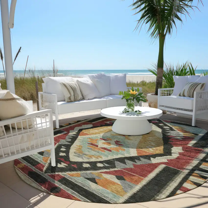 8' Red Gold And Gray Round Tribal Washable Indoor Outdoor Area Rug Photo 5