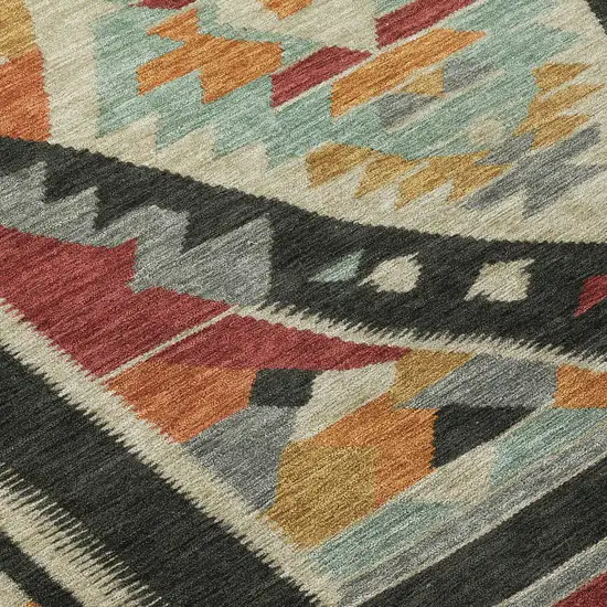 8' Red Gold And Gray Round Tribal Washable Indoor Outdoor Area Rug Photo 9