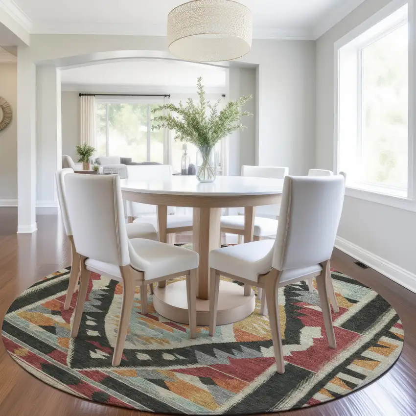 8' Red Gold And Gray Round Tribal Washable Indoor Outdoor Area Rug Photo 6