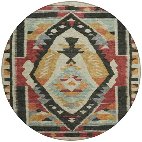 8' Red Gold And Gray Round Tribal Washable Indoor Outdoor Area Rug Photo 4