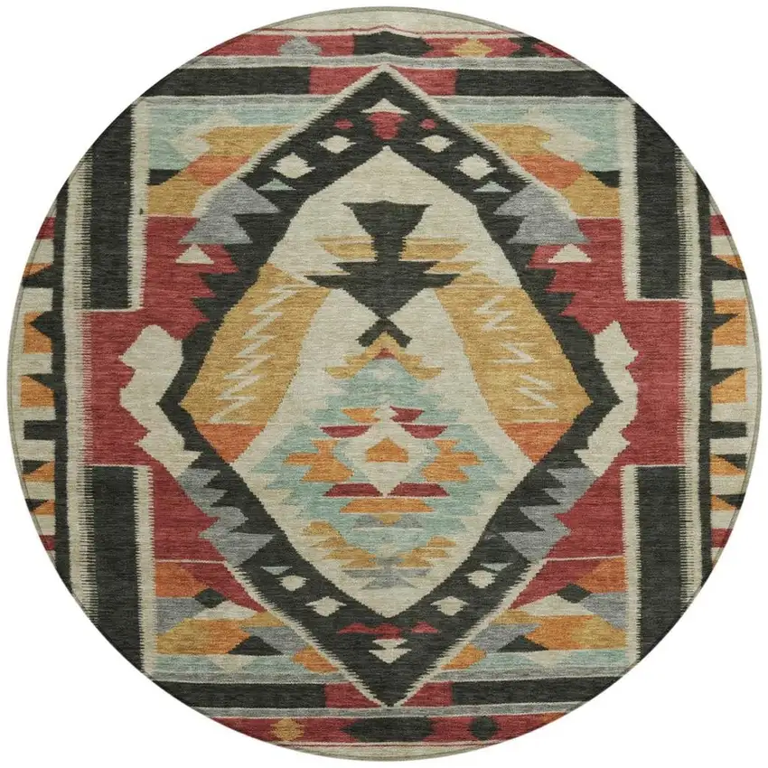 8' Red Gold And Gray Round Tribal Washable Indoor Outdoor Area Rug Photo 4