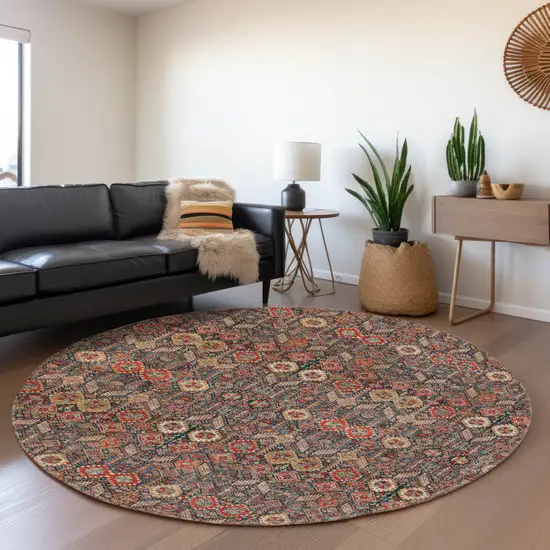 8' Red Gold And Gray Tribal Washable Round Rug With UV Protection Photo 5